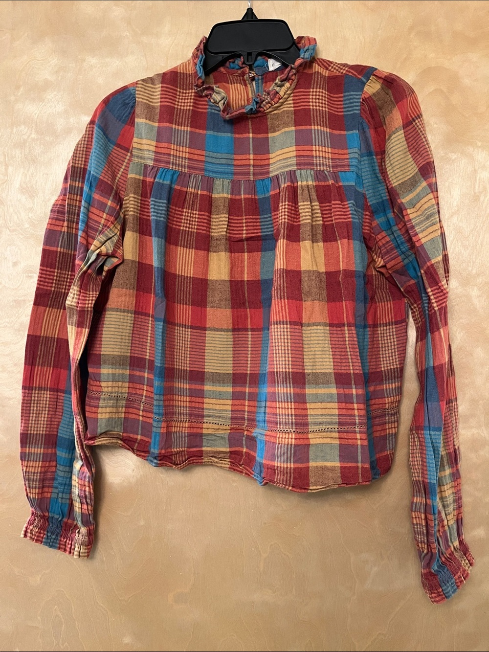 Basin + Range Plaid Ruffle-Neck Blouse